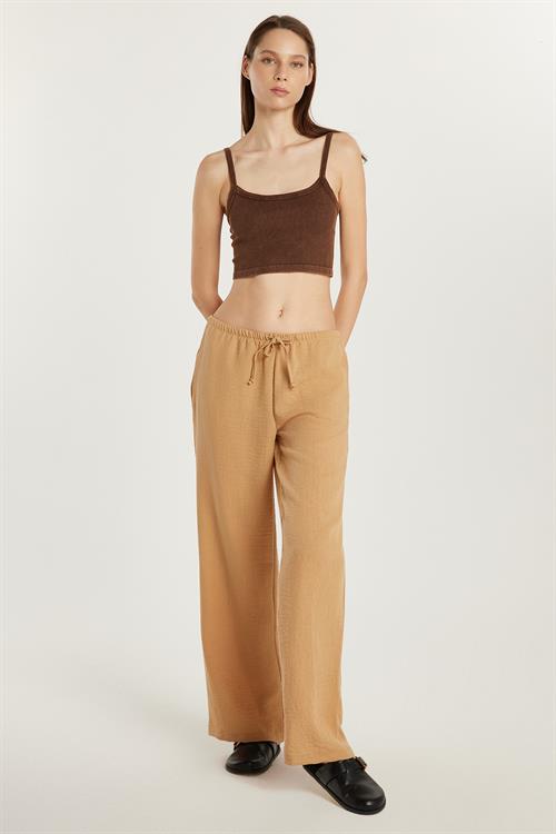 Kadın Regular Fit Beli Bağlamalı Keten Geniş Paça Bej Pantolon