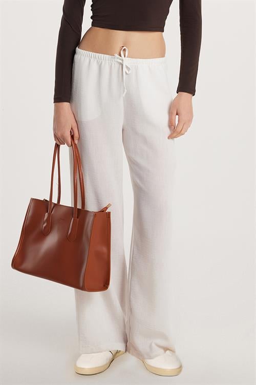 Kadın Regular Fit Beli Bağlamalı Keten Palazzo Geniş Paça Ekru Pantolon