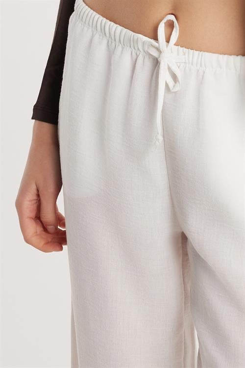 Kadın Regular Fit Beli Bağlamalı Keten Palazzo Geniş Paça Ekru Pantolon