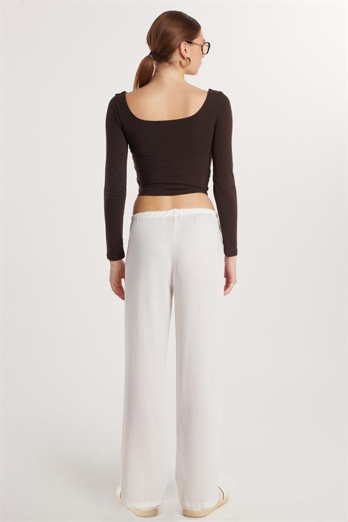 Kadın Regular Fit Beli Bağlamalı Keten Palazzo Geniş Paça Ekru Pantolon