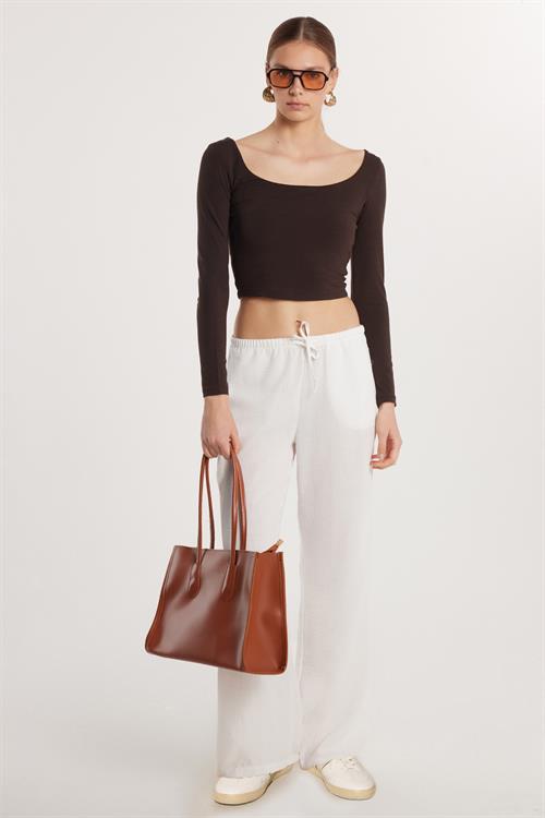 Kadın Regular Fit Beli Bağlamalı Keten Palazzo Geniş Paça Ekru Pantolon