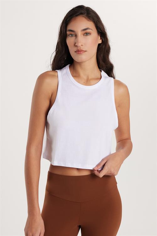 Kadın Slim Fit Dar Kesim %100 Pamuk Bisiklet Yaka Düz Basic Beyaz Crop Atlet