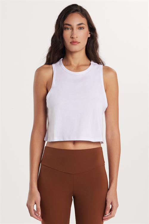Kadın Slim Fit Dar Kesim %100 Pamuk Bisiklet Yaka Düz Basic Beyaz Crop Atlet