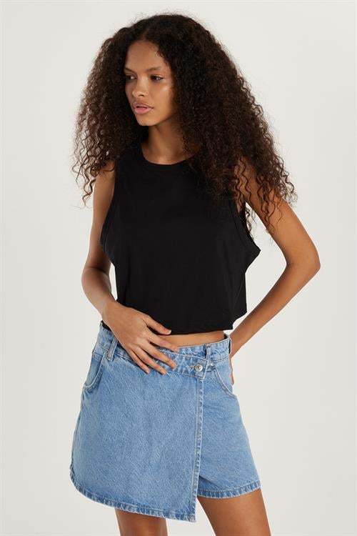Kadın Slim Fit Dar Kesim %100 Pamuk Bisiklet Yaka Düz Basic Siyah Crop Atlet