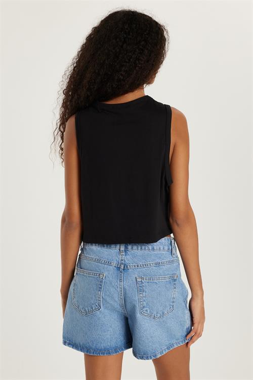 Kadın Slim Fit Dar Kesim %100 Pamuk Bisiklet Yaka Düz Basic Siyah Crop Atlet