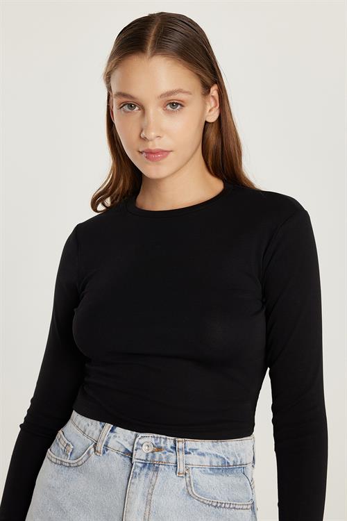 Kadın Slim Fit Dar Kesim Bisiklet Yaka Siyah Bluz