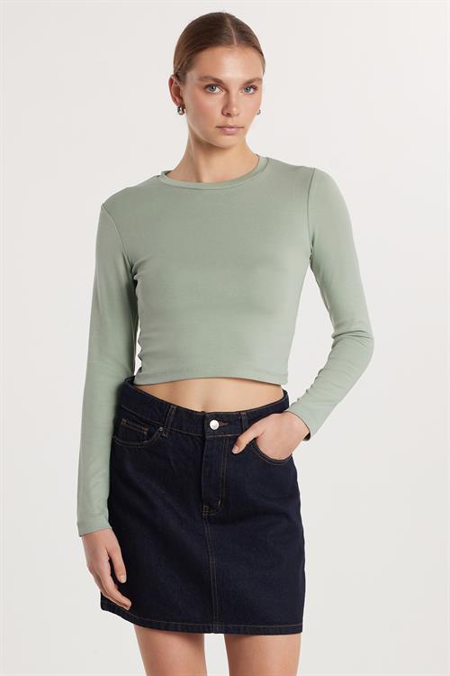 Kadın Slim Fit Pamuklu Uzun Kol Düz Yeşil Bisiklet Yaka Bluz