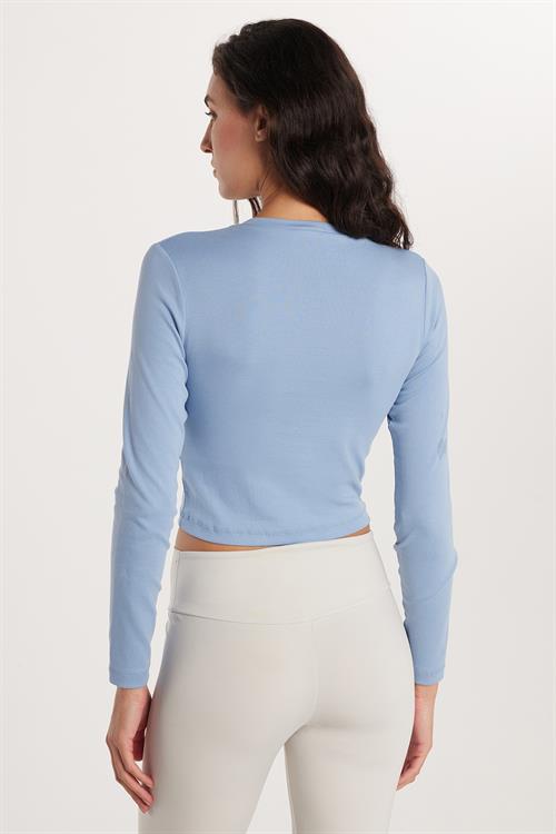 Kadın Slim Fit Dar Kesim Bisiklet Yaka Mavi Bluz