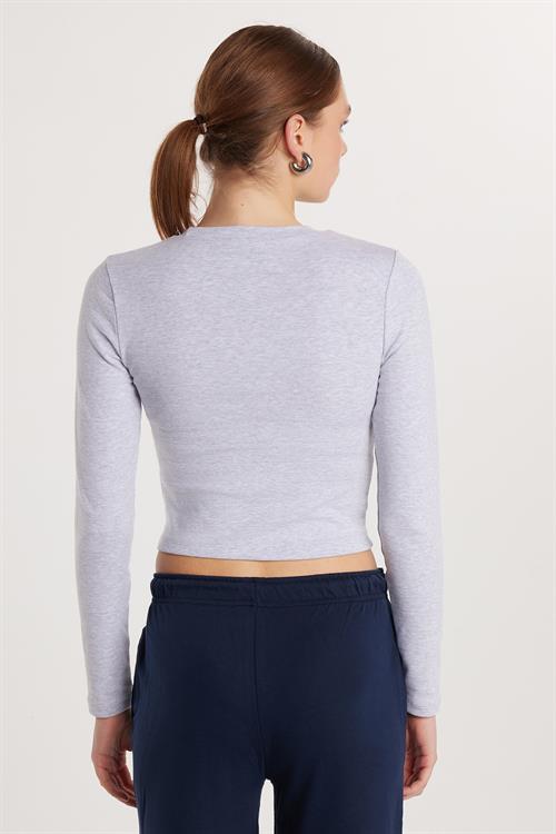 Kadın Slim Fit Dar Kesim Bisiklet Yaka Gri Bluz
