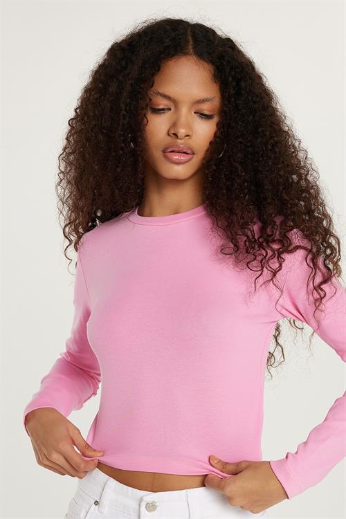 Kadın Slim Fit Dar Kesim Bisiklet Yaka Pembe Bluz