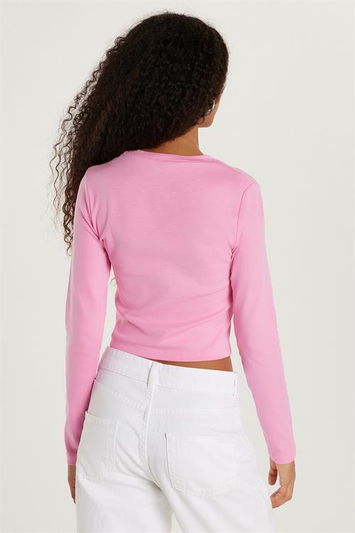 Kadın Slim Fit Dar Kesim Bisiklet Yaka Pembe Bluz