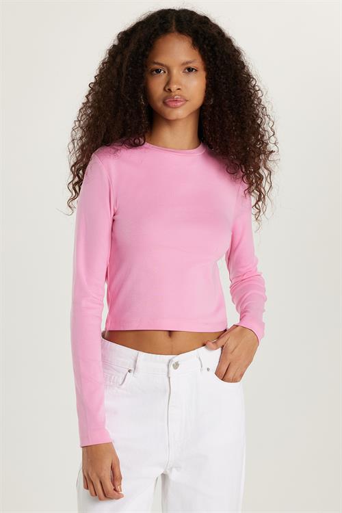 Kadın Slim Fit Dar Kesim Bisiklet Yaka Pembe Bluz
