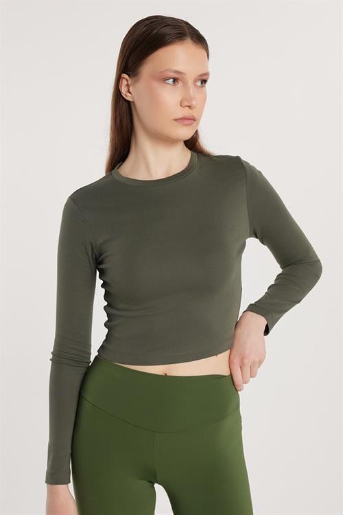 Kadın Slim Fit Pamuklu Uzun Kol Düz Bisiklet Yaka Haki Bluz