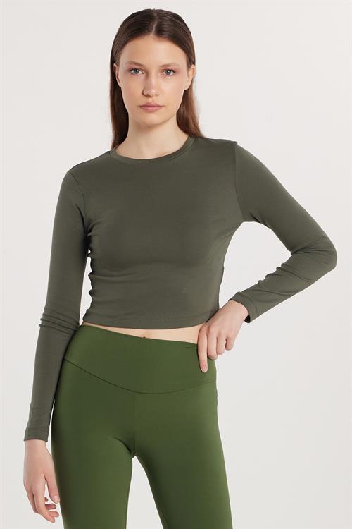 Kadın Slim Fit Pamuklu Uzun Kol Düz Bisiklet Yaka Haki Bluz