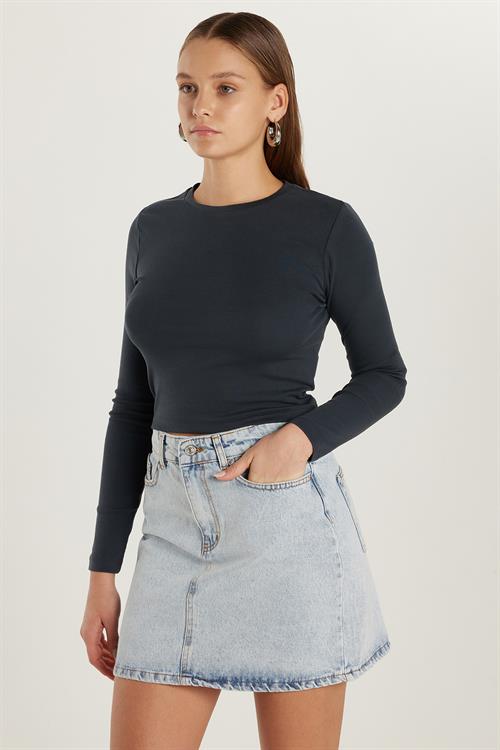 Kadın Slim Fit Dar Kesim Bisiklet Yaka Antrasit Bluz