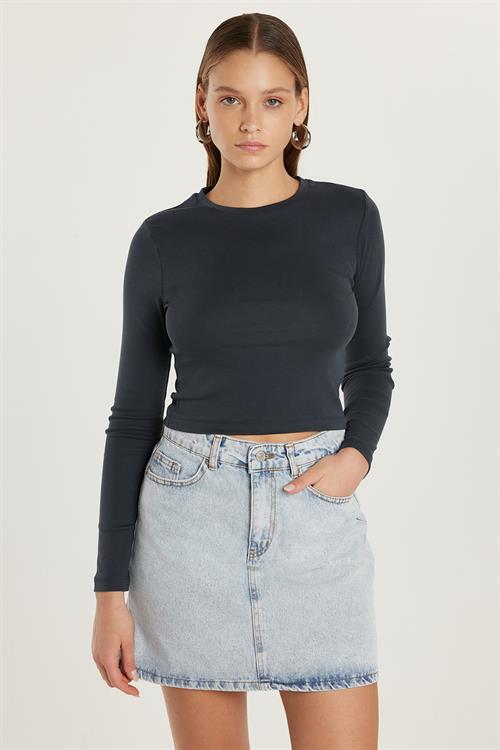Kadın Slim Fit Dar Kesim Bisiklet Yaka Antrasit Bluz