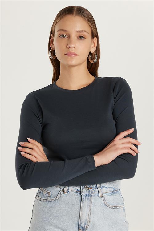 Kadın Slim Fit Dar Kesim Bisiklet Yaka Antrasit Bluz