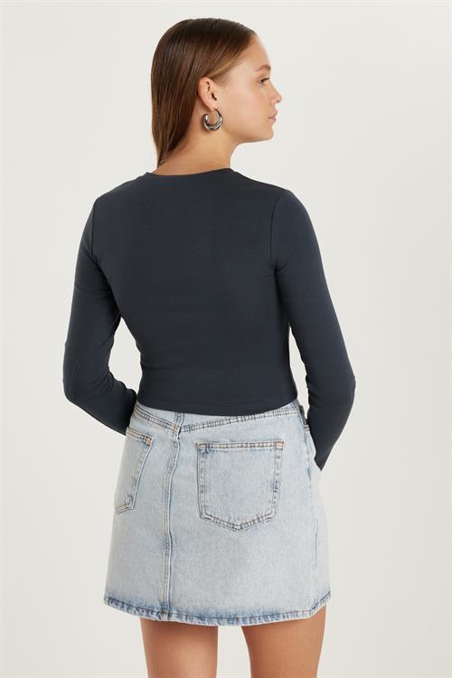 Kadın Slim Fit Dar Kesim Bisiklet Yaka Antrasit Bluz