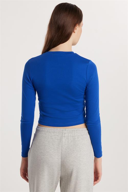 Kadın Slim Fit Pamuklu Uzun Kol Düz Bisiklet Yaka Mavi Bluz