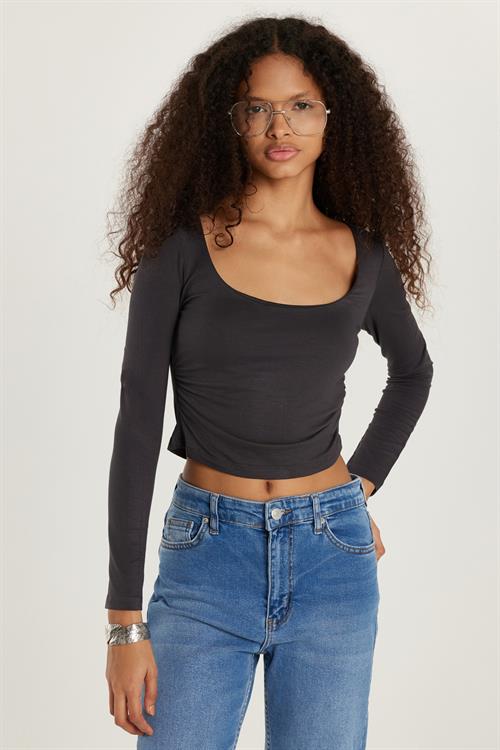 Kadın Slim Fit Dar Kesim Uzun Kollu U Yaka Antrasit Bluz