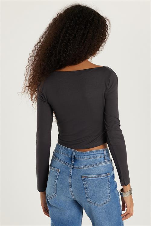 Kadın Slim Fit Dar Kesim Uzun Kollu U Yaka Antrasit Bluz