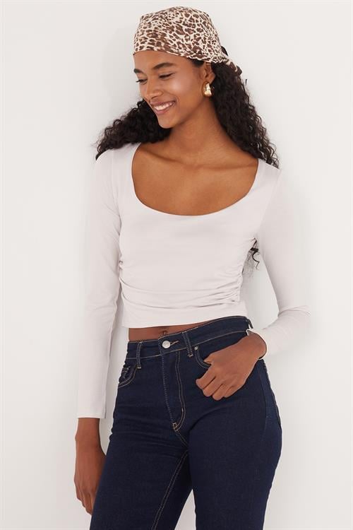 Kadın Slim Fit Dar Kesim Uzun Kollu U Yaka Taş Bluz
