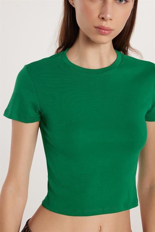 Kadın Slim Fit Dar Kesim %100 Pamuk Düz Basic Yeşil Bisiklet Yaka Tişört