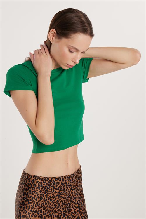 Kadın Slim Fit Dar Kesim %100 Pamuk Düz Basic Yeşil Bisiklet Yaka Tişört