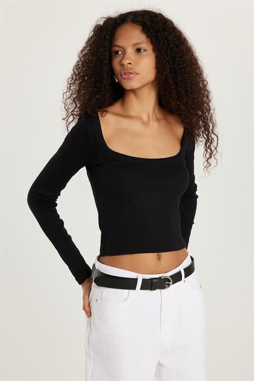 Kadın Modal Kumaş Slim Fit Dar Kesim Kare Yaka Siyah Bluz