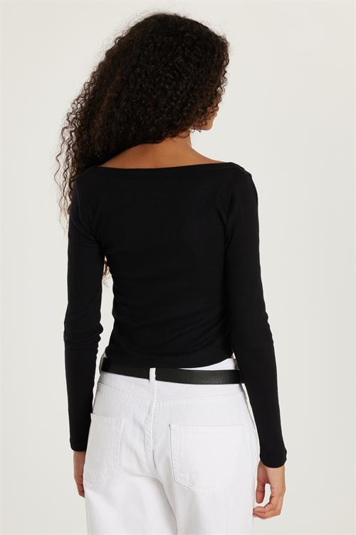Kadın Modal Kumaş Slim Fit Dar Kesim Kare Yaka Siyah Bluz