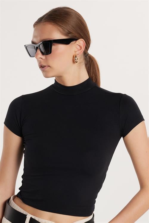 Kadın Modal Kumaş Slim Fit Dar Kesim Dik Yaka Siyah Bluz