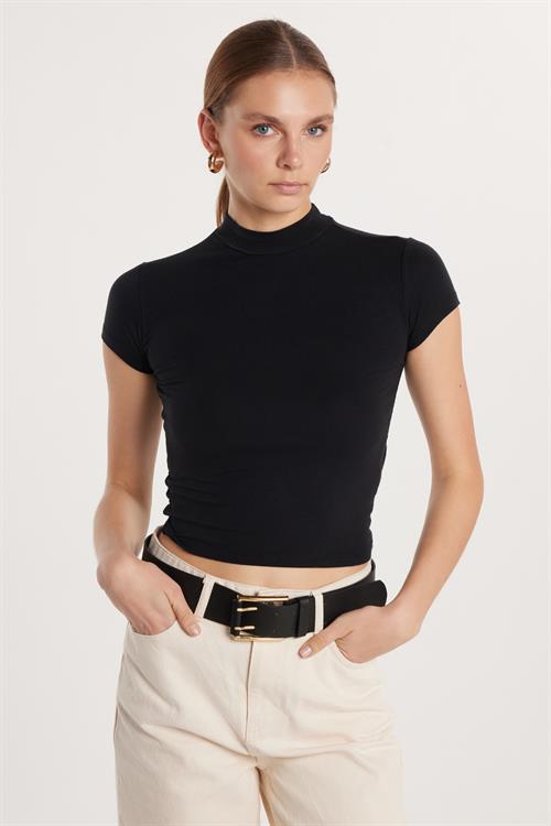 Kadın Modal Kumaş Slim Fit Dar Kesim Dik Yaka Siyah Bluz