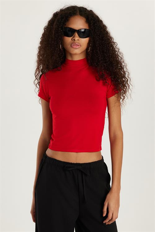 Kadın Modal Kumaş Slim Fit Dar Kesim Dik Yaka Kırmızı Bluz