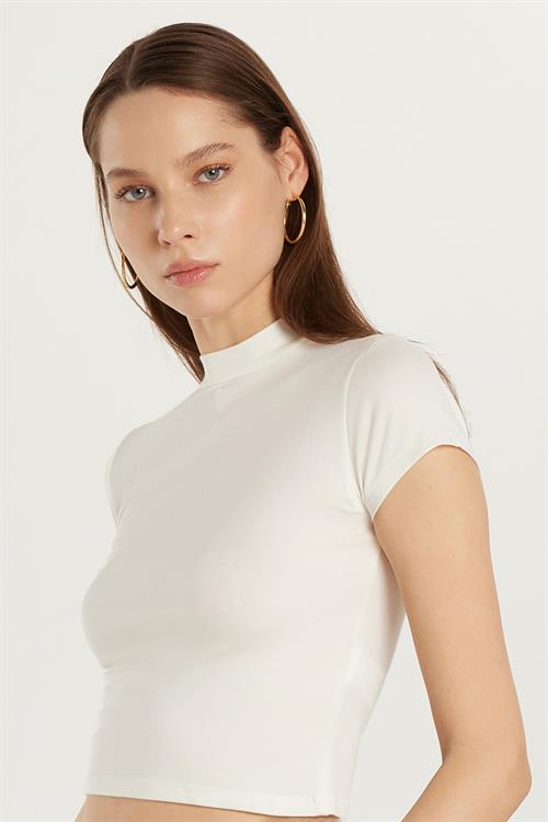 Kadın Modal Kumaş Slim Fit Dar Kesim Dik Yaka Ekru Bluz
