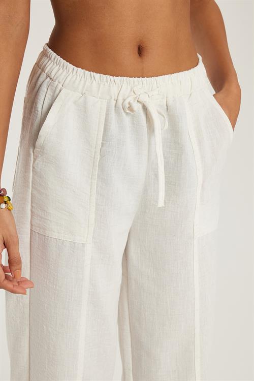 Kadın Relax Fit Rahat Kesim Beli Lastikli Bağlamalı Ekru Pantolon
