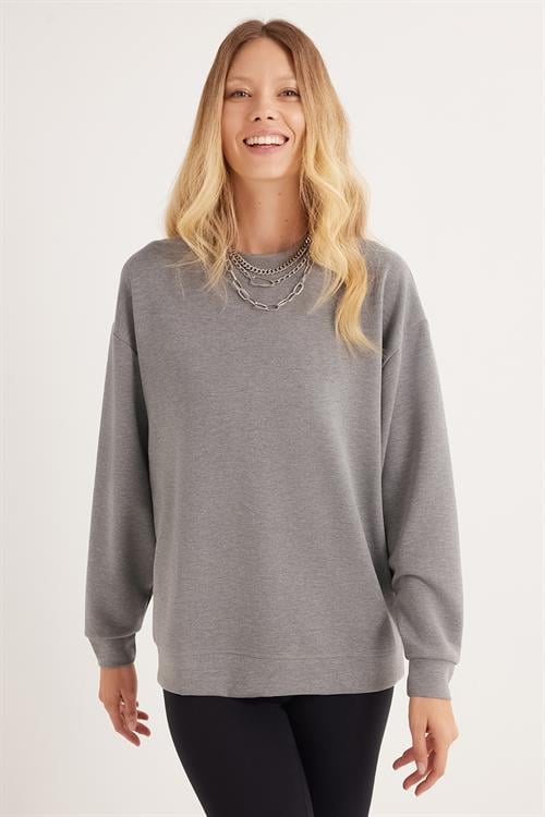 Kadın Relax Fit Rahat Kesim Bisiklet Yaka Antrasit Melanj Sweatshirt