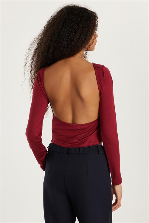 Kadın Slim Fit Dar Kesim Sırt Detaylı Bordo Bluz
