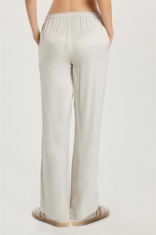 Kadın Regular Fit Beli Lastikli Bağlamalı Saten Palazzo Geniş Paça Gri Pantolon