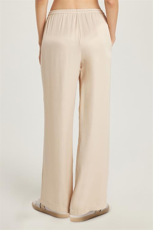 Kadın Regular Fit Beli Lastikli Bağlamalı Saten Palazzo Geniş Paça Taş Rengi Pantolon