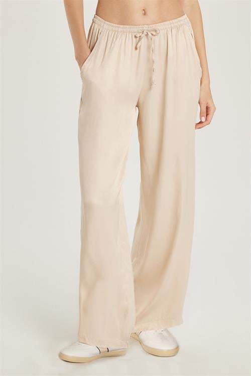 Kadın Regular Fit Beli Lastikli Bağlamalı Saten Palazzo Geniş Paça Taş Rengi Pantolon