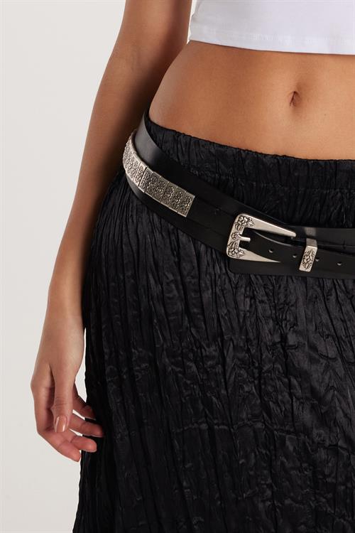 Kadın Regular Fit Desenli Saten Siyah Etek