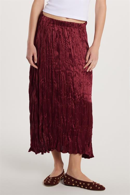 Kadın Regular Fit Desenli Saten Bordo Etek