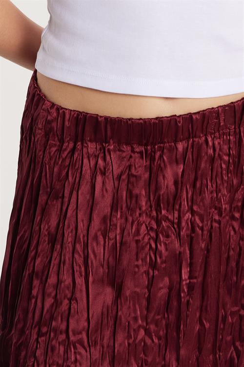 Kadın Regular Fit Desenli Saten Bordo Etek