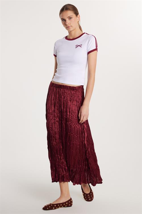 Kadın Regular Fit Desenli Saten Bordo Etek