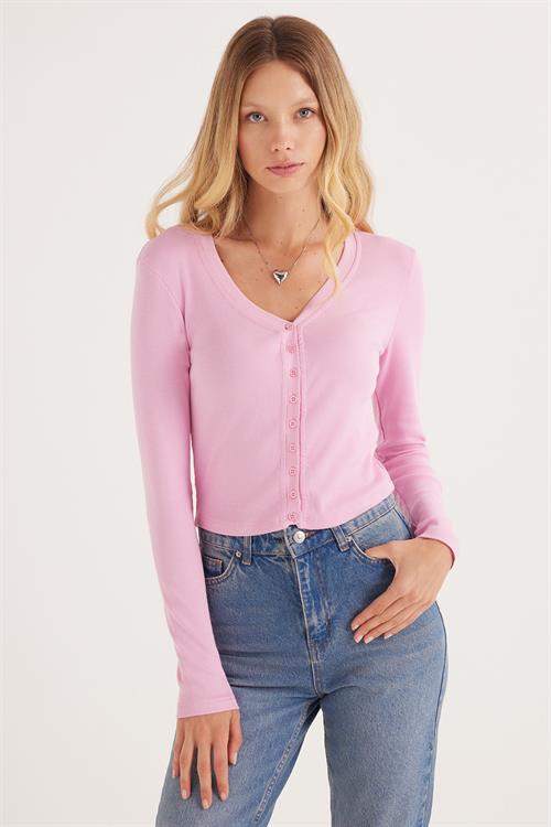 Kadın Slim Fit Dar Kesim Modal Kumaş Uzun Kollu Kayık Yaka Pembe Hırka