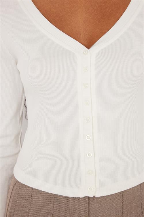 Kadın Slim Fit Dar Kesim Modal Kumaş Uzun Kollu Kayık Yaka Ekru Hırka