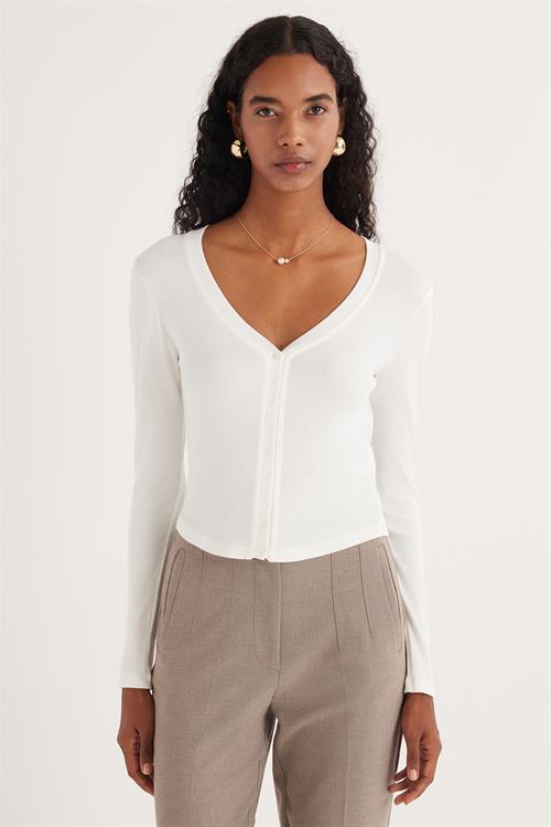 Kadın Slim Fit Dar Kesim Modal Kumaş Uzun Kollu Kayık Yaka Ekru Hırka