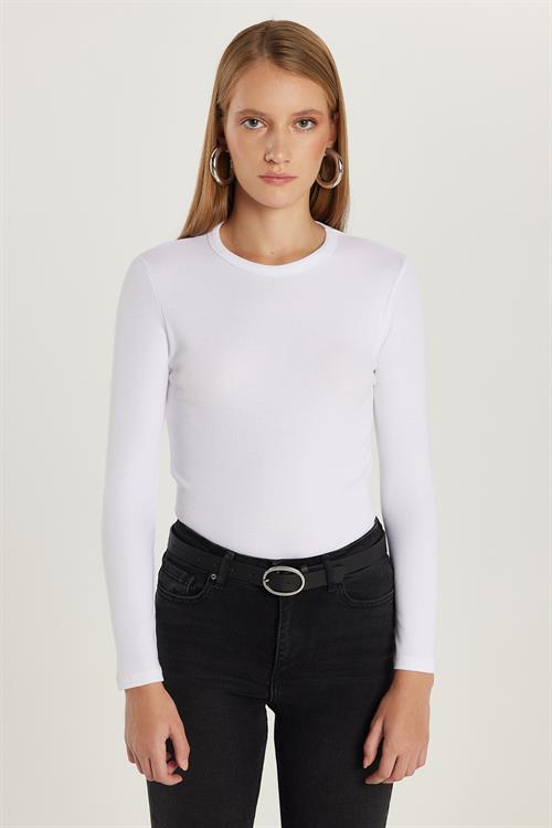 Kadın Modal Kumaş Slim Fit Dar Kesim Bisiklet Yaka Beyaz Bluz