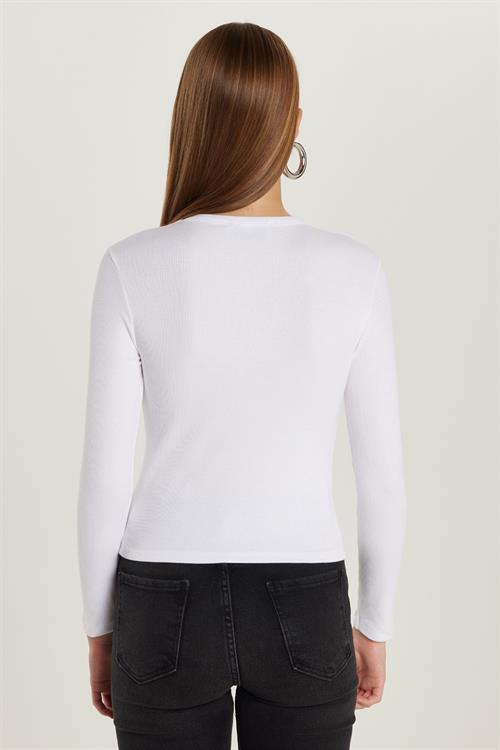 Kadın Modal Kumaş Slim Fit Dar Kesim Bisiklet Yaka Beyaz Bluz
