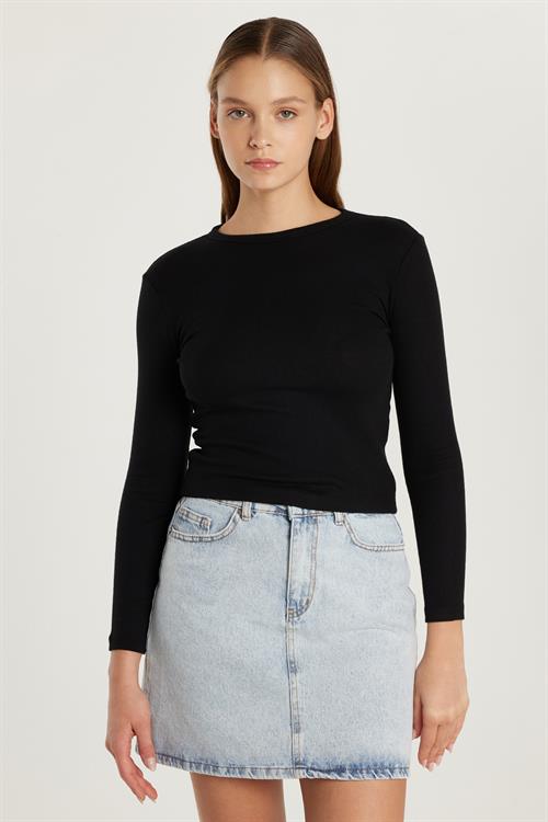 Kadın Modal Kumaş Slim Fit Dar Kesim Bisiklet Yaka Siyah Bluz